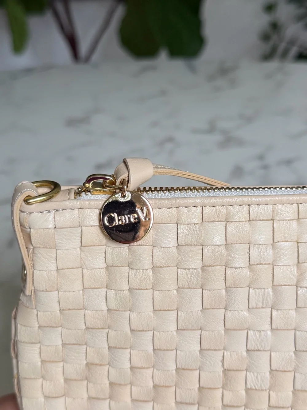 Clare V Petit Moyen Cream Woven Checker Leather Crossbody Shoulder Bag